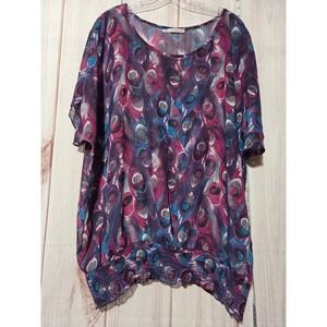 Ladies 2x Peacock Print Blouse Top Colorful Flowy Sheer Smocked Hem Purple‎